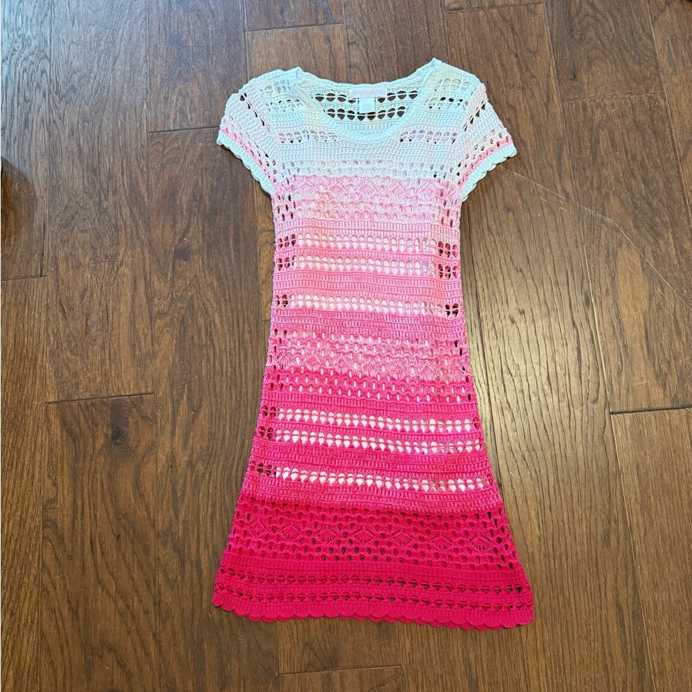 Pink White Ombre Crochet Summer Beach Boho Cotton Dress Kids Girls Size XL EUC